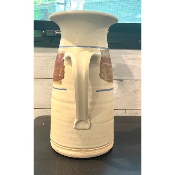 Vintage Farm House Handcrafted Stoneware Pitcher With Earthy Brown & Blue Stripe - Picture 5 of 9